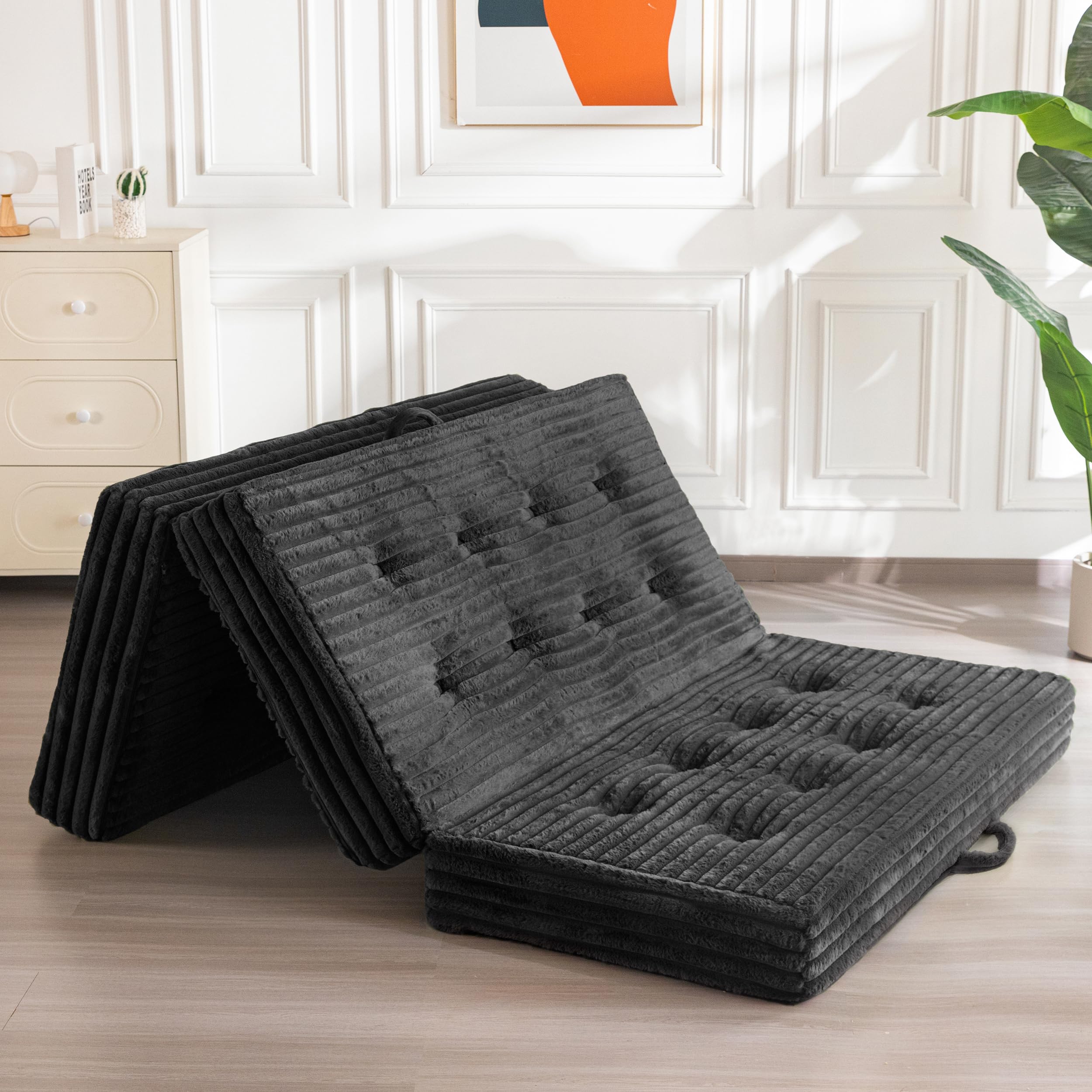 MAXYOYO Folding Mattress Double, 15cm Upholstered Foldable Mattress with Premium Faux Fur Fabric, Tri-Fold Floor Futon Sofa Bed for Living Room/Guest