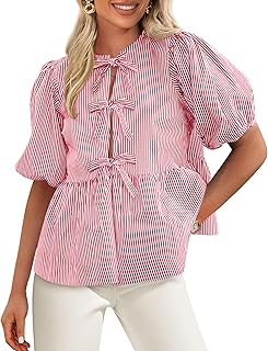 PRETTYGARDEN Women's Tie Front Striped Shirt 2026 Summer Trendy Fashion Cute Babydoll Tops Peplum Puffy Sleeve Blouse Price In India