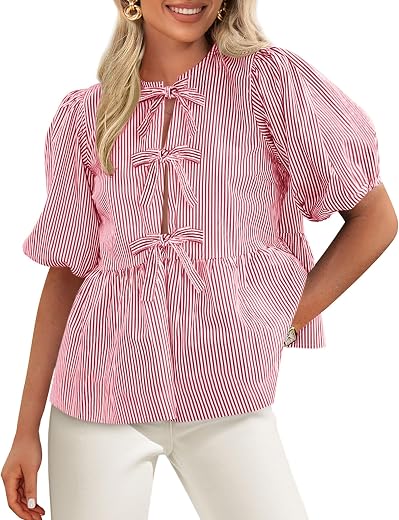 PRETTYGARDEN Women's Tie Front Striped Shirt 2026 Summer Trendy Fashion Cute Babydoll Tops Peplum Puffy Sleeve Blouse
