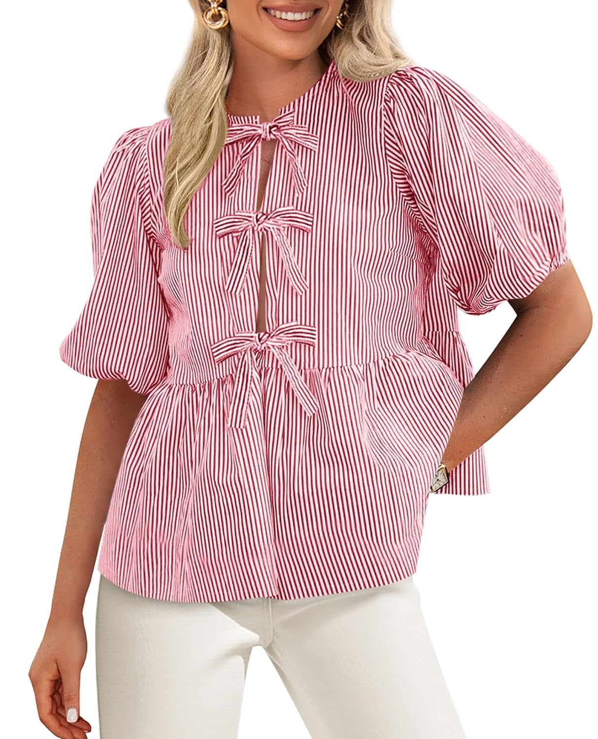 PRETTYGARDEN Women's Tie Front Striped Shirt 2026 Summer Trendy Fashion Cute Babydoll Tops Peplum Puffy Sleeve Blouse - Review, Price and Buying Guide