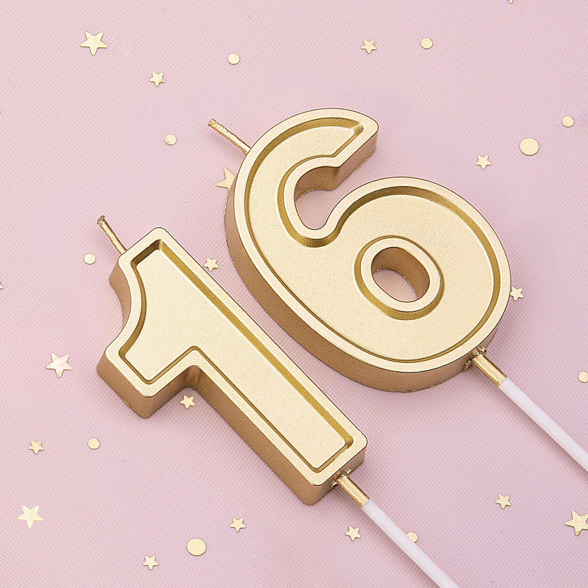 Velas de cumpleaños de oro Roma de 2.76 pulgadas con número 16, velas de números dorados, velas de números de pastel, celebración de fiesta