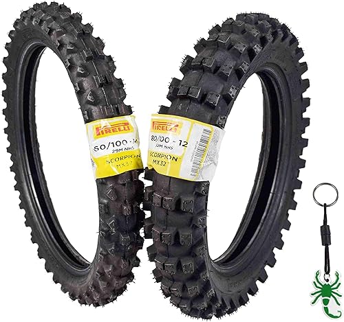 Pirelli Scorpion MX32 Mid Soft Dirt Bike Juego de neumáticos delanteros y traseros tipo MotocrossTube con llavero Pirelli auténtico (60100-14 F
