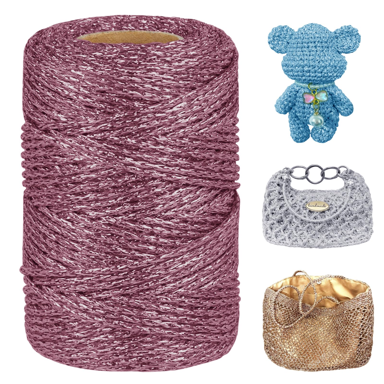 LEREATI Metallic Glitter Yarn 3mm x 109 Yards Polyester Macrame Cord Sparkle Crochet Yarn for Crocheting and Knitting Handbag, Hat, Basket, DIY Crafts (Rose Pink)