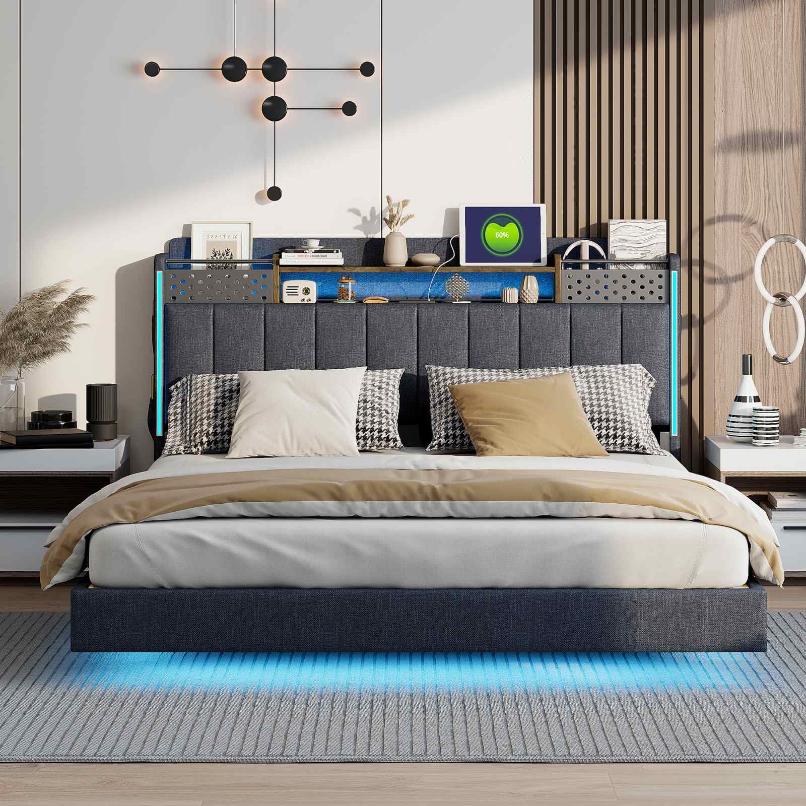 Lit Double en Bois 160×200 cm - Avec Rangement, LED et Sommier à Lattes