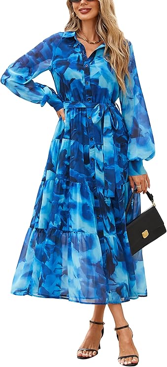 PRETTYGARDEN Women's Fall Dress 2025 Casual Long Sleeve Button Down Belted Boho Floral Flowy Maxi Wedding Guest Dresses