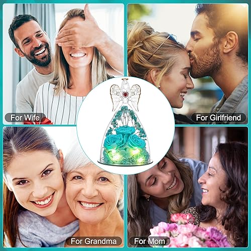 Miniatura 7 de Tiaronics Figuras de ángel grandes con rosas reales, rosa real preservada para ella, rosas de ángel regalos para ella, mamá, novia, rosa intenso