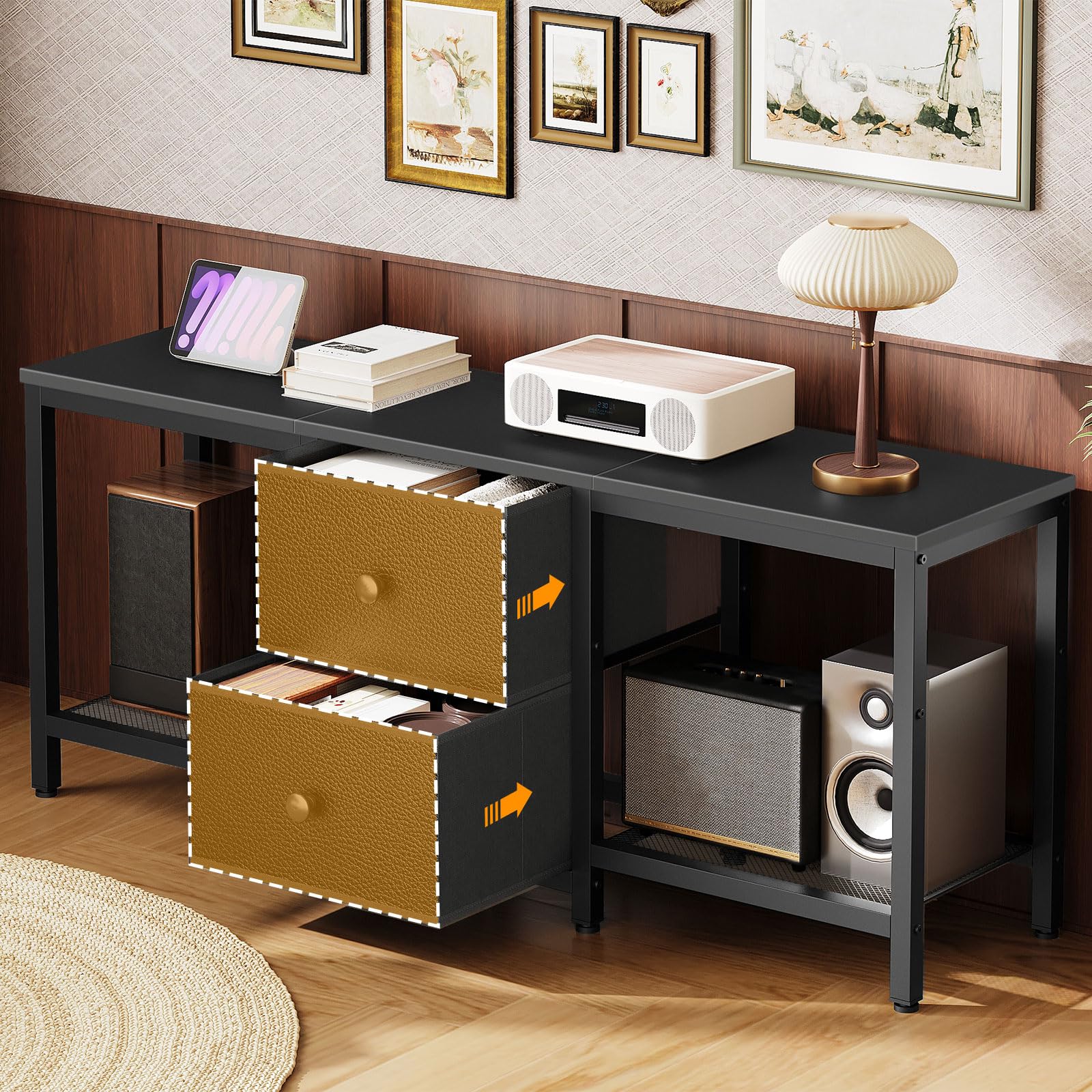 YATINEY TV-Schrank für Fernseher bis zu 55 Zoll, Fernsehtisch, TV-Konsole, lowboard mit offenen Fächern, 2 Schubladen, für Wohnzimmer, Schlafzimmer, 120 x 30 x 50 cm, Schwarz XDS02BB