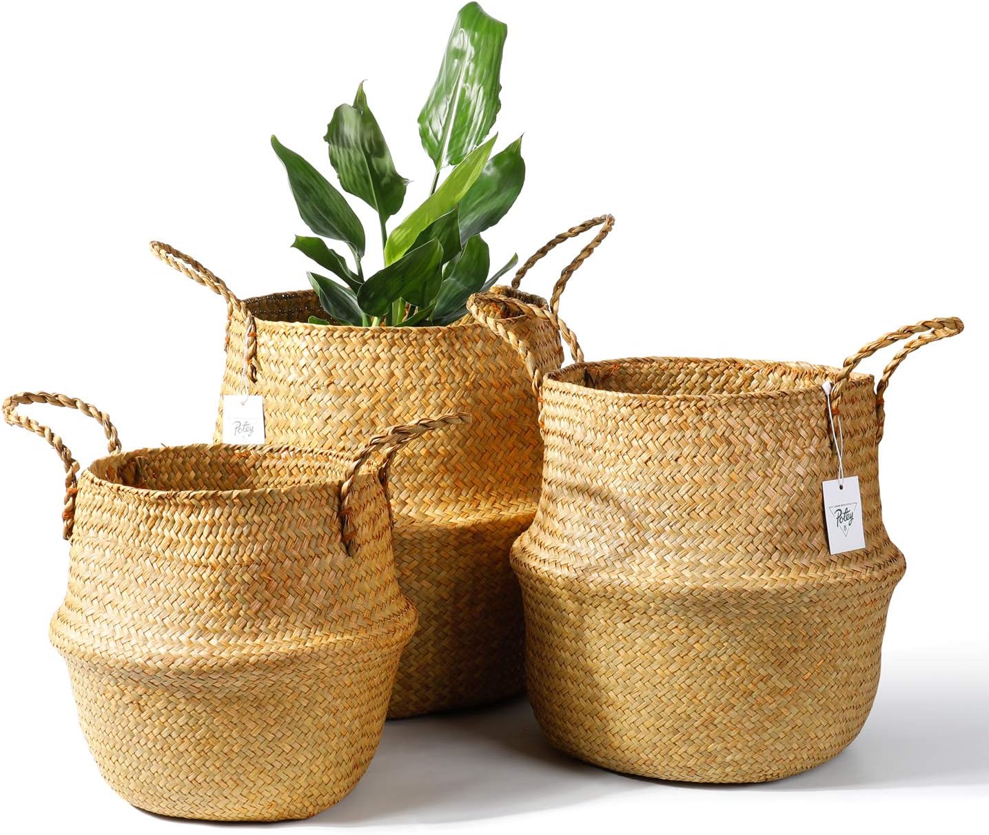 POTEY 730102 Seagrass Plant Basket Set of 3 - Hand Woven Belly Basket with Handles, Large Storage Laundry Picnic Plant Pot Cover Home Decor & Woven Straw Beach Bag (M+L+XL, Original Brown)