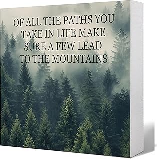 "All the Paths You Take in Life" Mountain Wood Sign - Rustic Wood Block Box Decor - Inspirational Quote Shelf Decor for Home Office Desk (5x5 Inch)