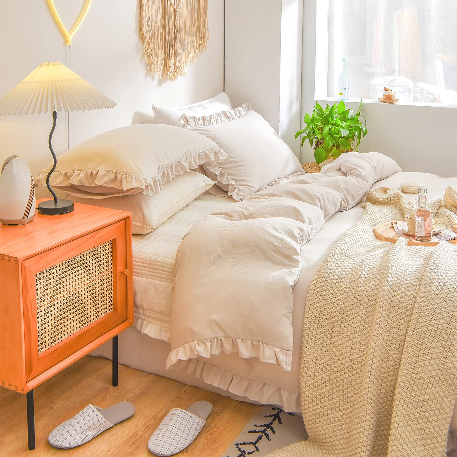 Herside Beige Ruffle Duvet Cover Set King Beige Grey Bedding Ruffled Fringe Soft Microfibre Boho Bedding Sets 1 Quilt Cover 2 Pillowcases (Beige,King)