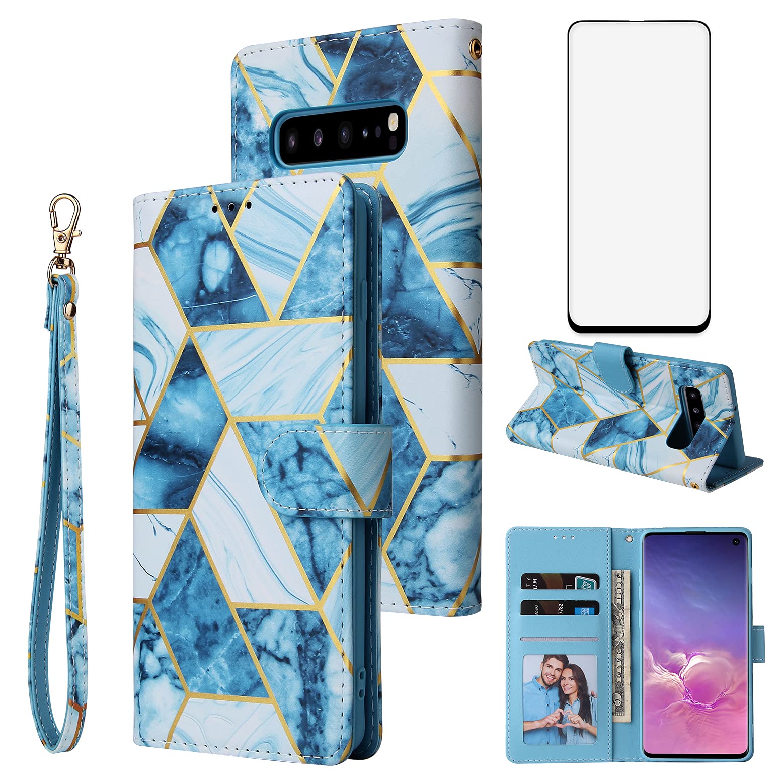 Asuwish Compatible with Samsung Galaxy S10e Wallet Case Tempered Glass Screen Protector Flip Card Holder Stand Kickstand Cell Phone Cases for Glaxay S 10e Gaxaly 10se Galaxies Se10 Women Men Blue