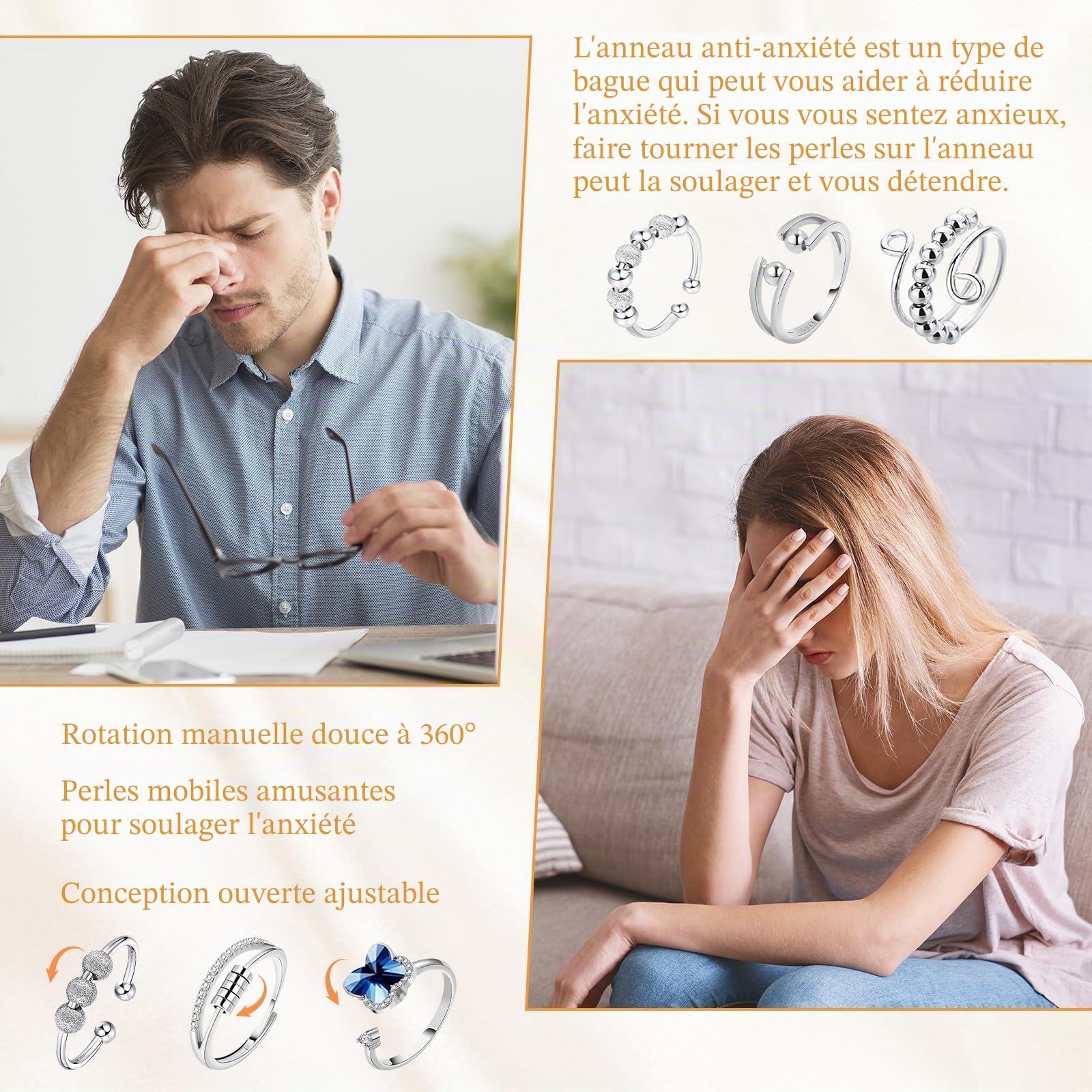 Lot de 12 anneaux anti-stress réglables pour soulager le stress et l'anxiété - Unisexe - Avec pochette en velours noire