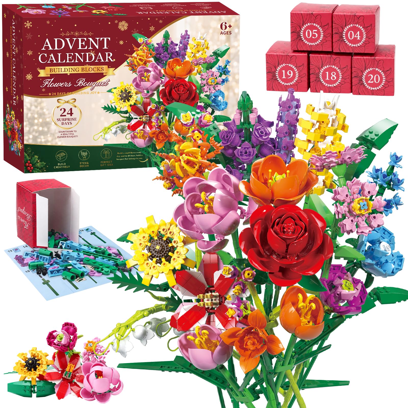 Blumen Adventskalender 2026, 24 Tage Bausteine-Set für Frauen