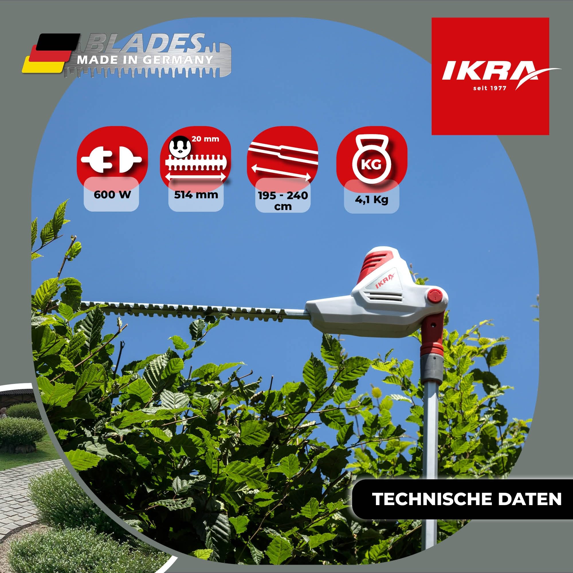 IKRA Elektro Teleskop Heckenschere ITHS 600, Schnittlänge 51cm, inkl Brille | Teleskopierbar, Schnittstärke 20mm, 5-fach Schnittwinkelverstellung bis 120°, inkl Schultergurt, Messer Made in Germany