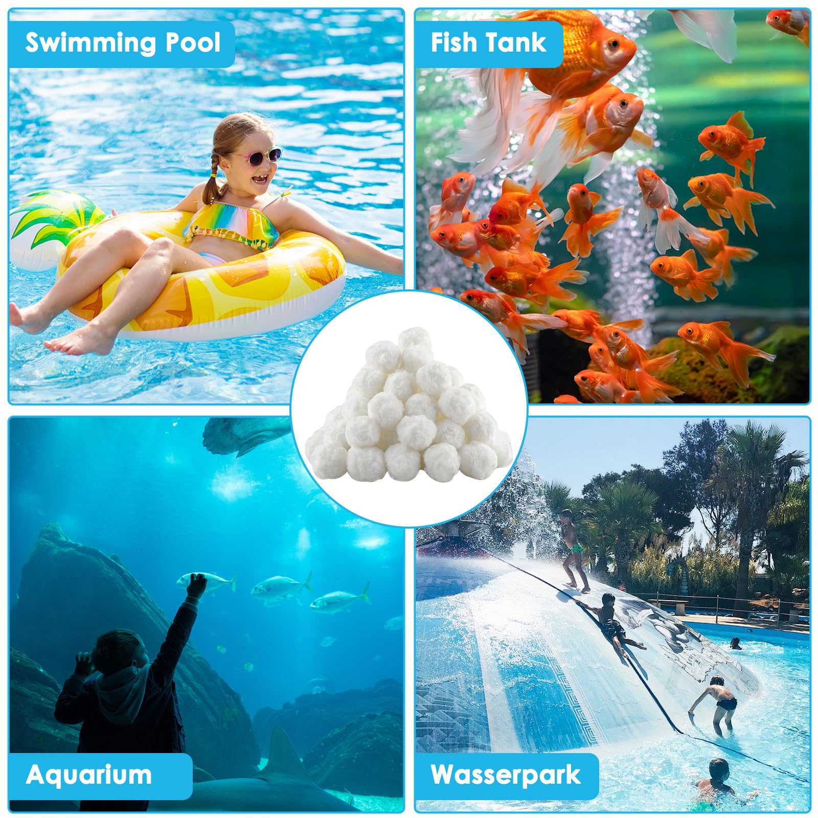 Bolsas de Filtro de Piscina,1300 G Bolas Filtro Piscina Reemplaza 46.5 kg de Arena de Filtro, Reutilizables Sistema de Filtración para Piscinas, Acuarios y Bombas de Filtro