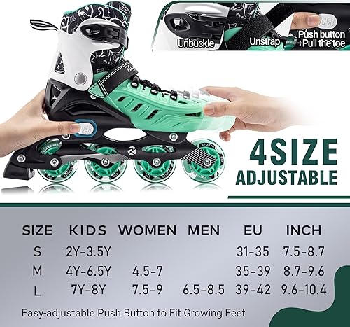Miniatura 2 de Inline Skates for Kids and Adult, Adjustable Fun Illuminating Skates for Girls, Boys, Women and Men Outdoor and Indoor, Beginners Verde,Negro,Rojo