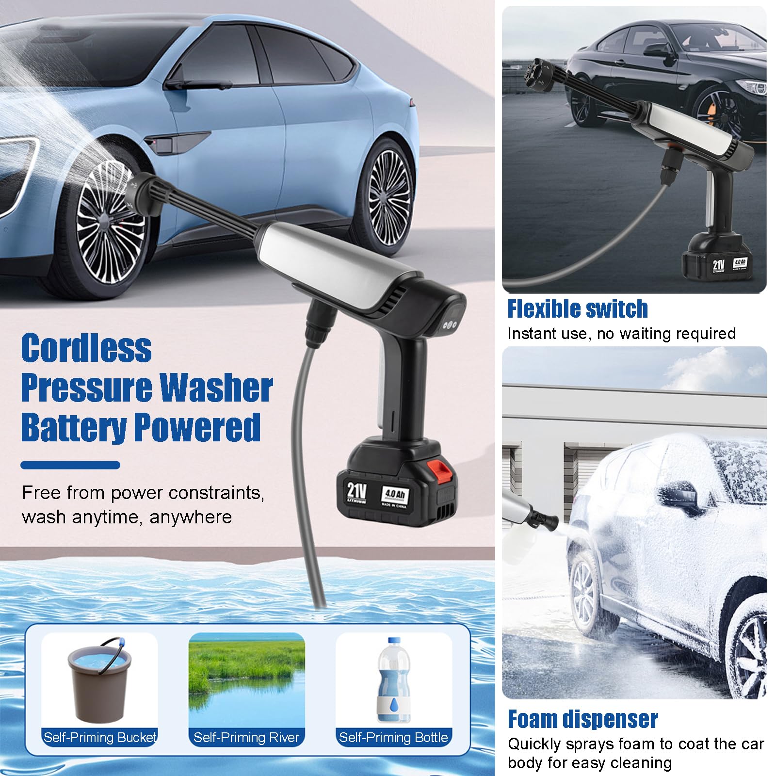GOURIXIN Hidrolimpiadora Batería, Pistola Agua Presión Hidrolimpiadora Eléctrica Portátil con 2 Baterías, Pantalla Batería, Boquilla 6 en 1, Tubo 5m y Filtro, para Coche, Jardín, Terraza