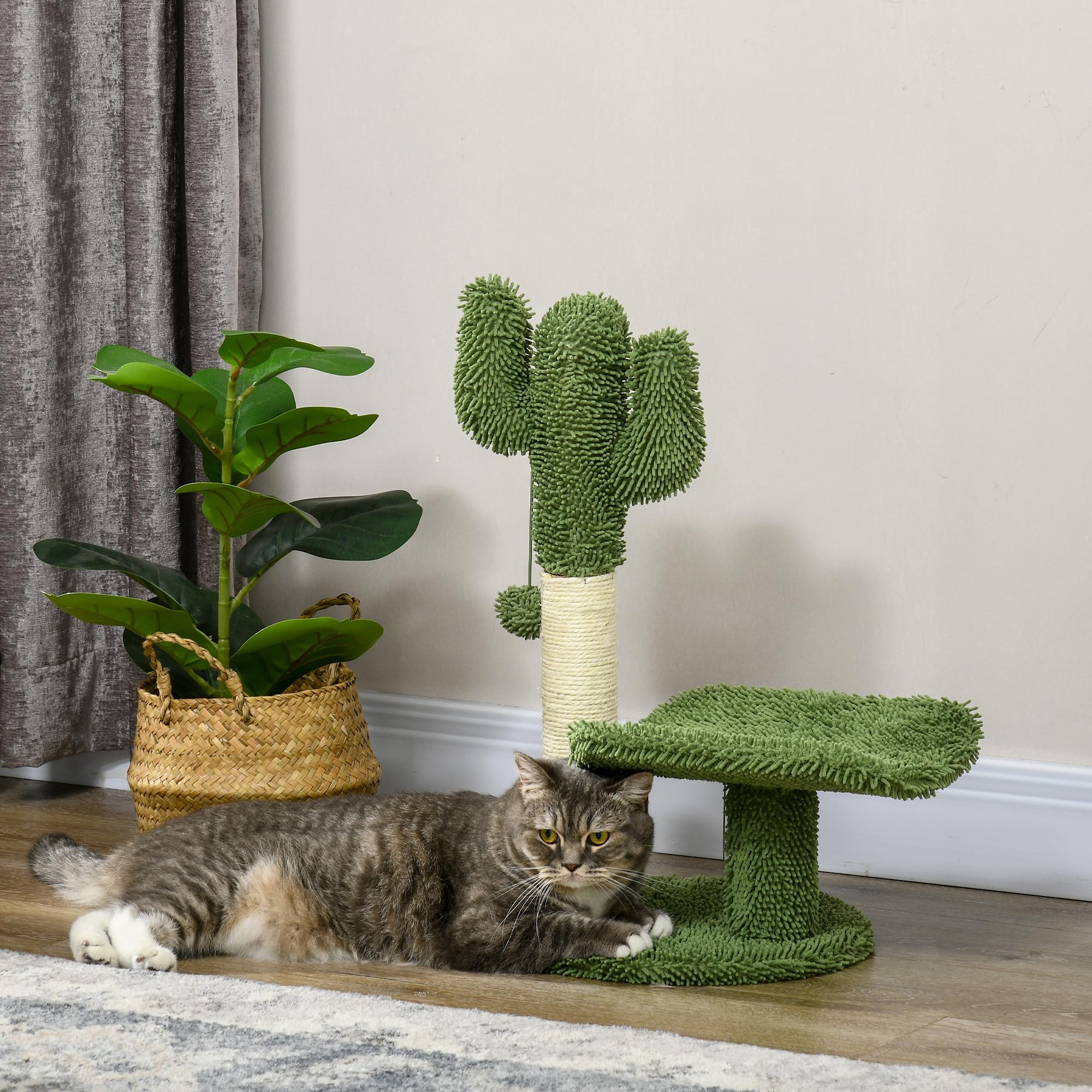 PawHut Albero per Gatti a forma di Cactus con Tiragraffi, Pallina da Gioco e Piattaforma, Torre per Gatti in Truciolato e Ciniglia, 35x31x55.5 cm, Verde e Bianco
