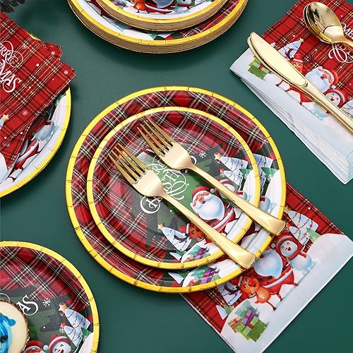 Vista 4 de Platos y servilletas de Navidad, platos de papel de Navidad, juego de vajilla desechable para fiestas que sirve para 24 invitados, juego de platos