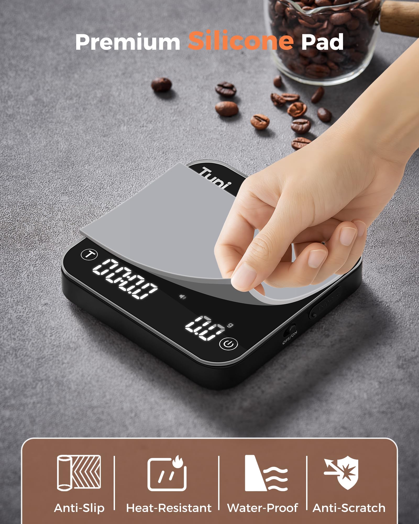 Tuni G1 Silver Conical Burr Coffee Grinder with Black Digital Coffee Scale | 48 Grind Settings, LED Touchscreen, Patented Anti-Static 40mm Conical Burr, 450 RPM, 500mAh Lithium Battery, 0.1g Accuracy