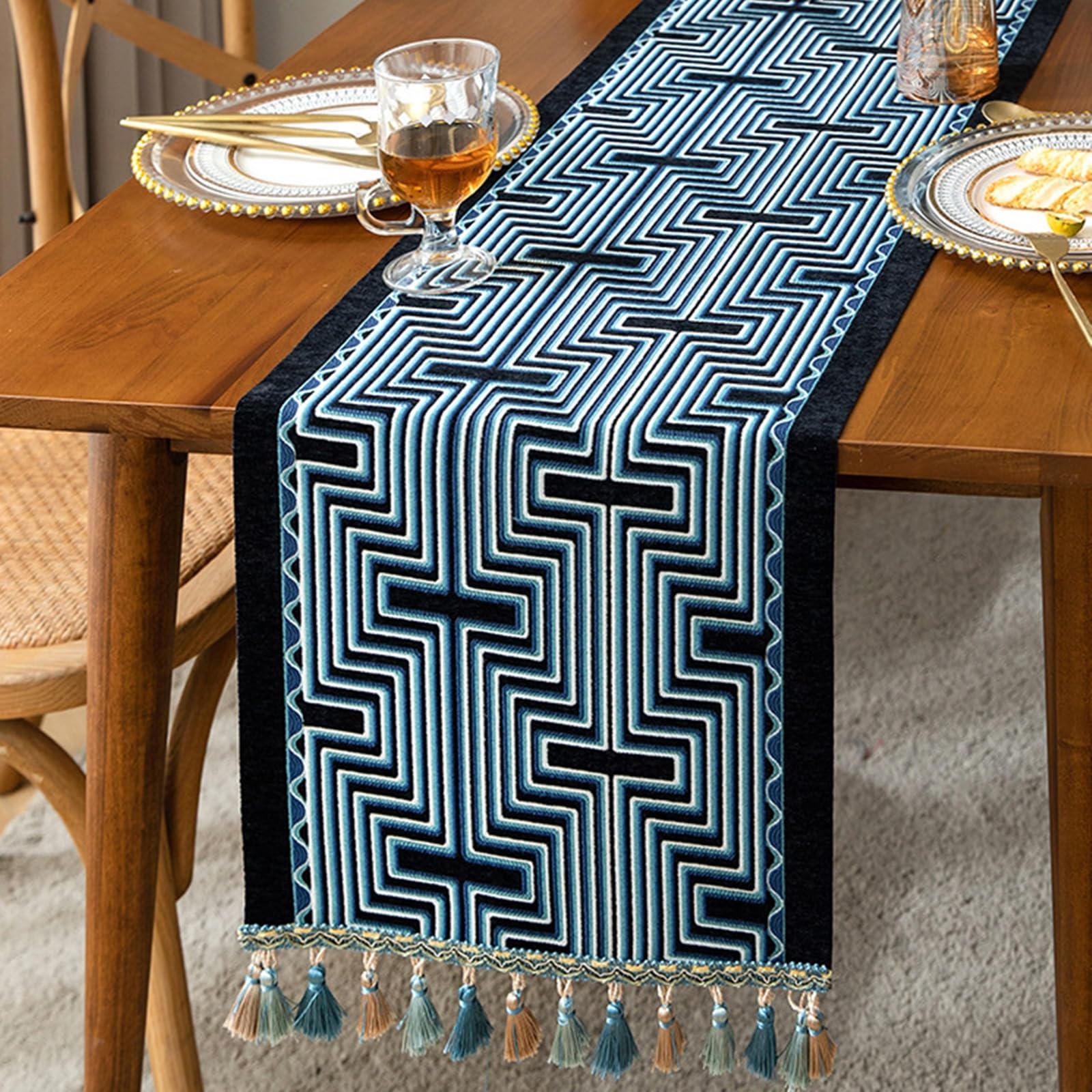 Camino de Mesa Rustico Poliéster, Caminos de Mesa Decorativo Salon 35x240 cm, Jacquard con Aspecto de Lino Y Rayas