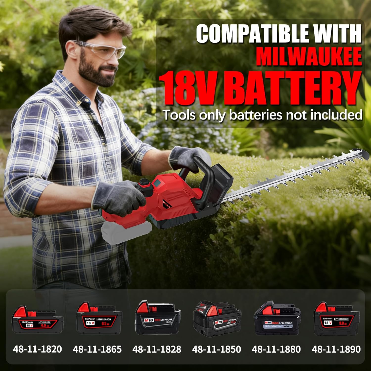 Cordless Hedge Trimmer for Milwaukee 18V Battery(Tool Only), 20'' Bush Trimmer, 3000RPM Electric Hedge Trimmer, 180°Rotatable Head, Battery Powered Hedge Trimmer for Yard, Garden