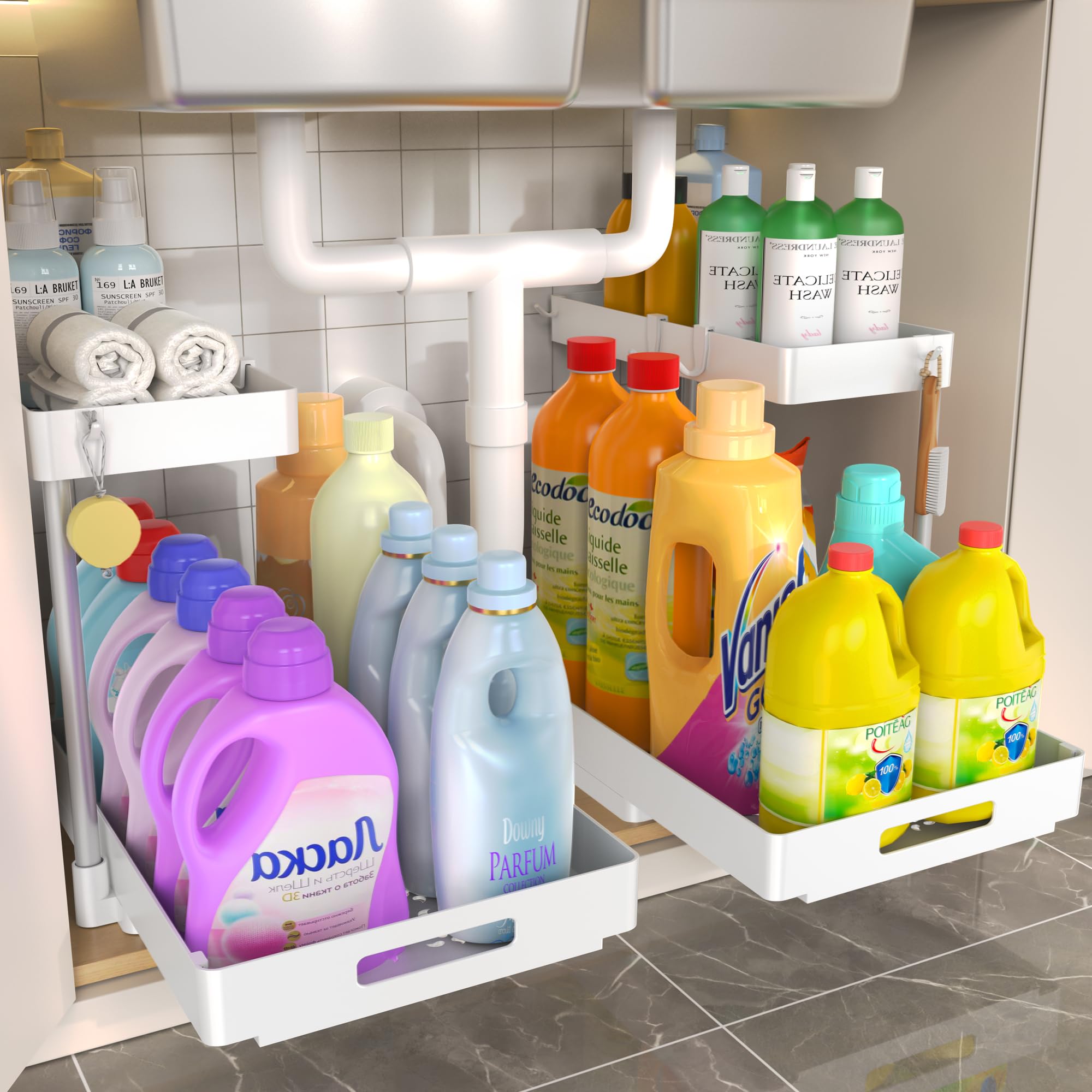 Under Sink Organizer 2 Pack, Pull Out L-Shaped Bathroom Kitchen Sink Organizers and Storage, Versatile 2 Tier Under Sink Cabinet Drawer Shelf, Bathroom Accessories and Kitchen Essentials, White
