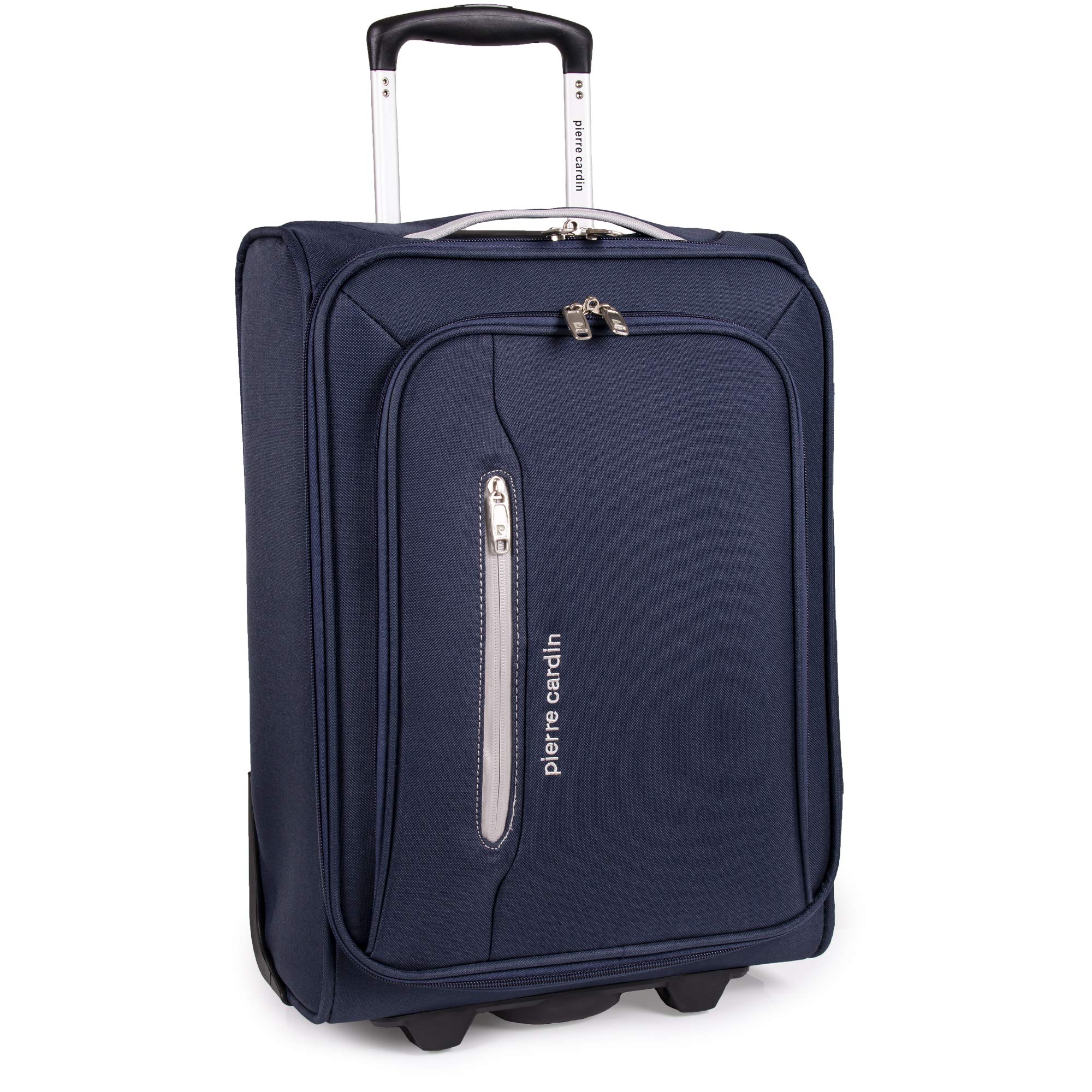 Pierre CardinSoft Sided 18 Inch Suitcase with Wheels - KLM Flybe Emirates Cabin Approved Under 55x40x20 Luggage TUI Thomas Cook Soft Shell Bag | Light 1.8kg 48cm 30L (Carry On, Navy & Grey)