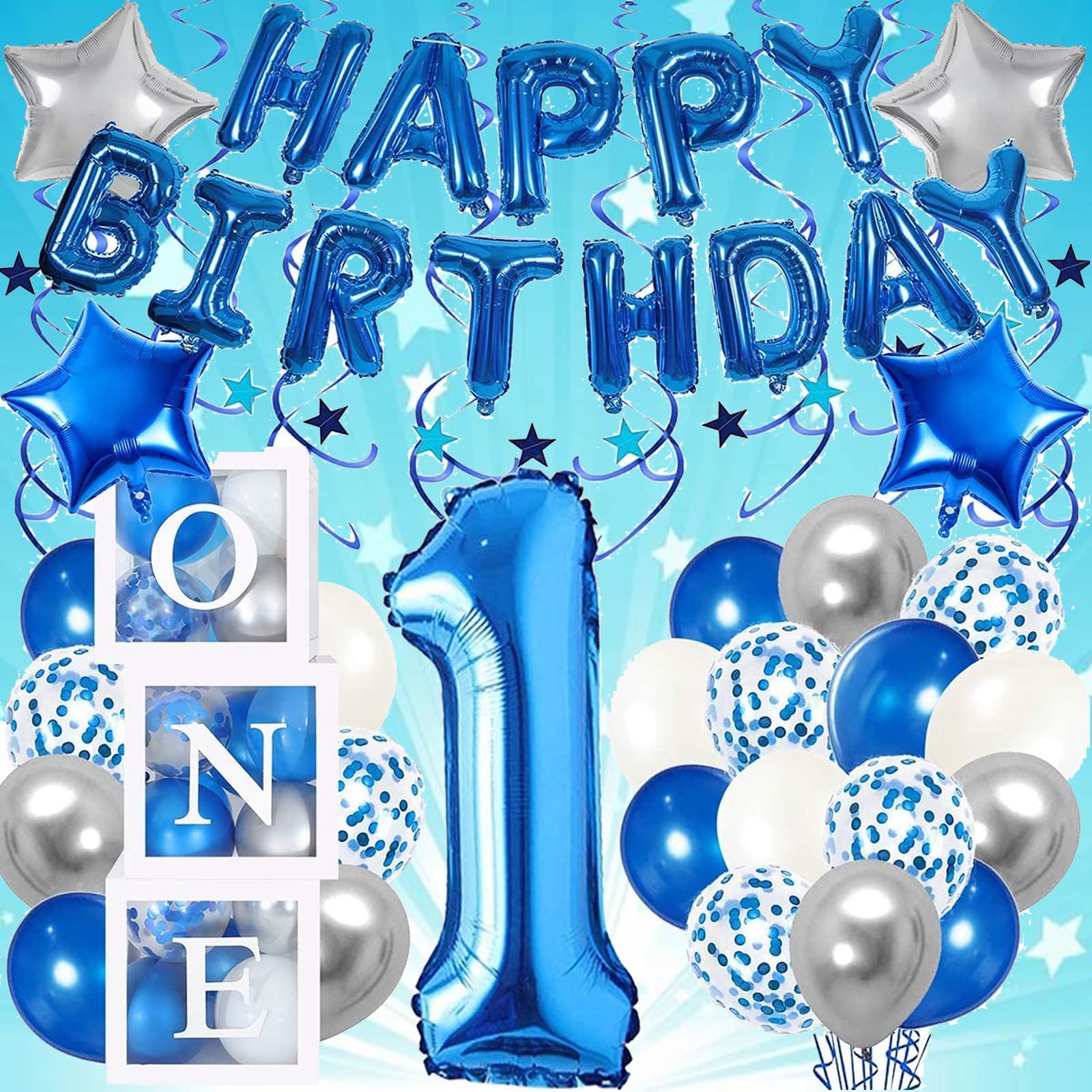 1st Birthday Decorations for Boys, 72Pcs First Birthday Balloon Party Decorations Includes White “ONE” Transparent Boxes Baby Blue Silver Grey Balloons 40 Inch Foil Balloons "HAPPY BIRTHDAT" (Blue)
