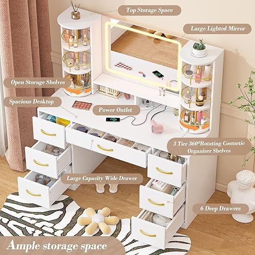 Miniatura 2 de Mesa de tocador con espejo LED y estantes organizadores de maquillaje giratorios 360, tocador de maquillaje blanco con luces y estación de carga,