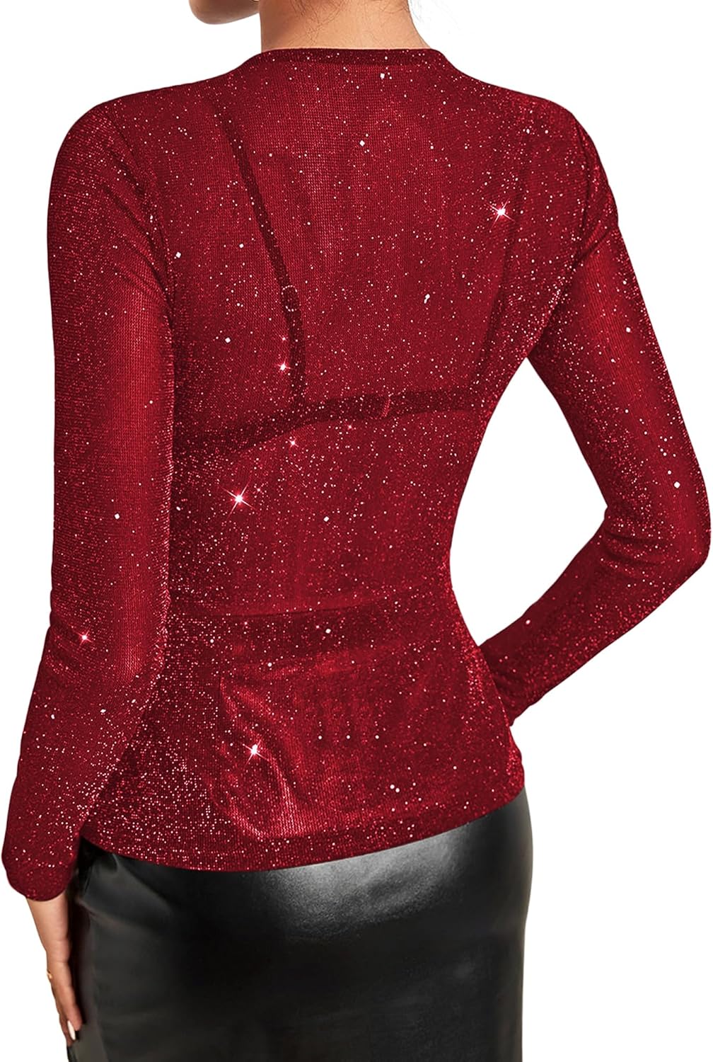 Allchic Glitter Sheer Mesh Tops for Women Long Sleeve Blouses Club T Shirts - Image 5