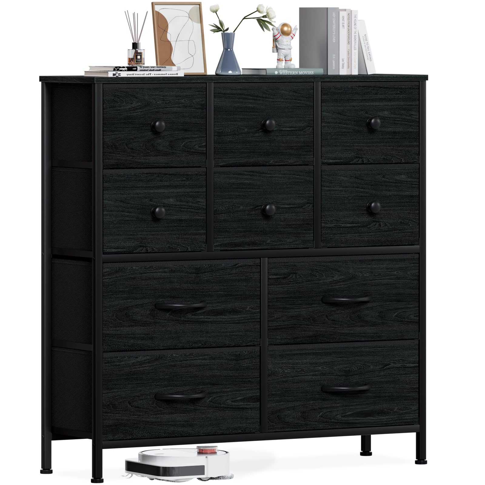 Furnulem Black Oak 10 Drawers Dresser,Tall Storage Drawer Unit,Wide Chest of Drawer in Bedroom,Closet,Living Room,Hallway,Fabric Clothes Organizer,Wood Top