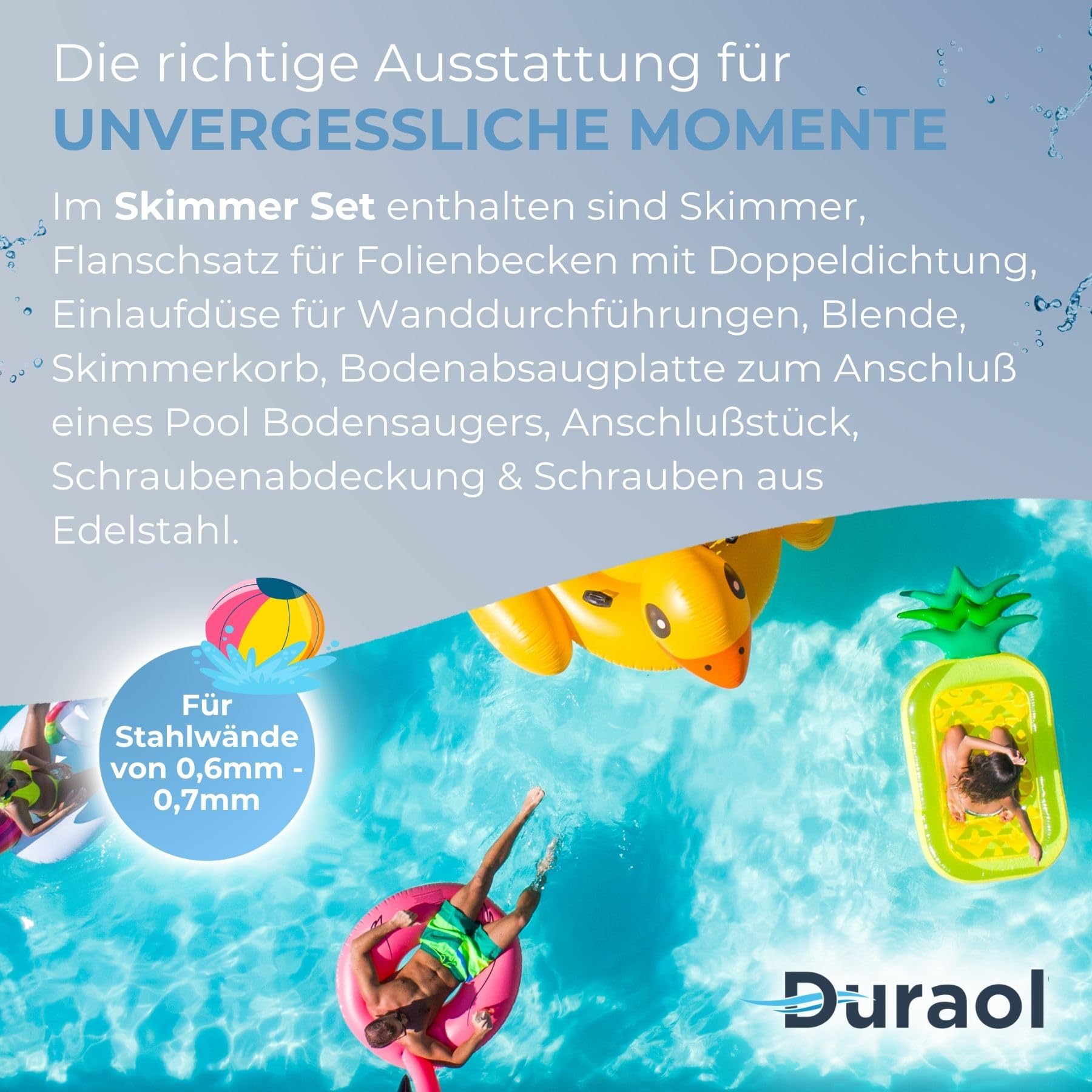 Pool Einbauskimmer I Hochwertiges Skimmer Set für Fertigbecken & Aufstellbecken I Einbau-Skimmer Pool aus ABS Kunststoff I Skimmer Set Stahlwandpool für Rund- & Ovalformbecken
