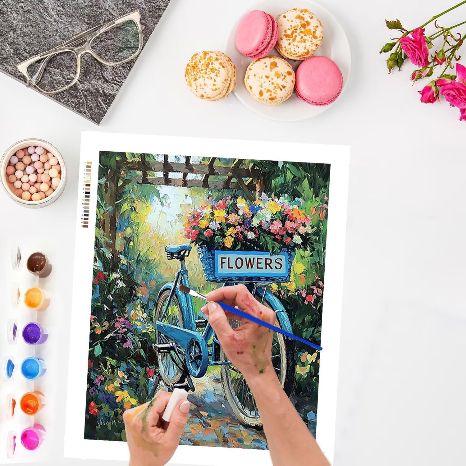 WEISHIWE Malen nach Zahlen Erwachsene Blumen mit Fahrrad, 70x90cm x-442 | Malen nach Zahlen Erwachsene Leinwand Kit, DIY Handgemalt Ölgemälde Set mit 3-Pinseln und Acrylfarbe für Wanddeko,Ohne Rahmen