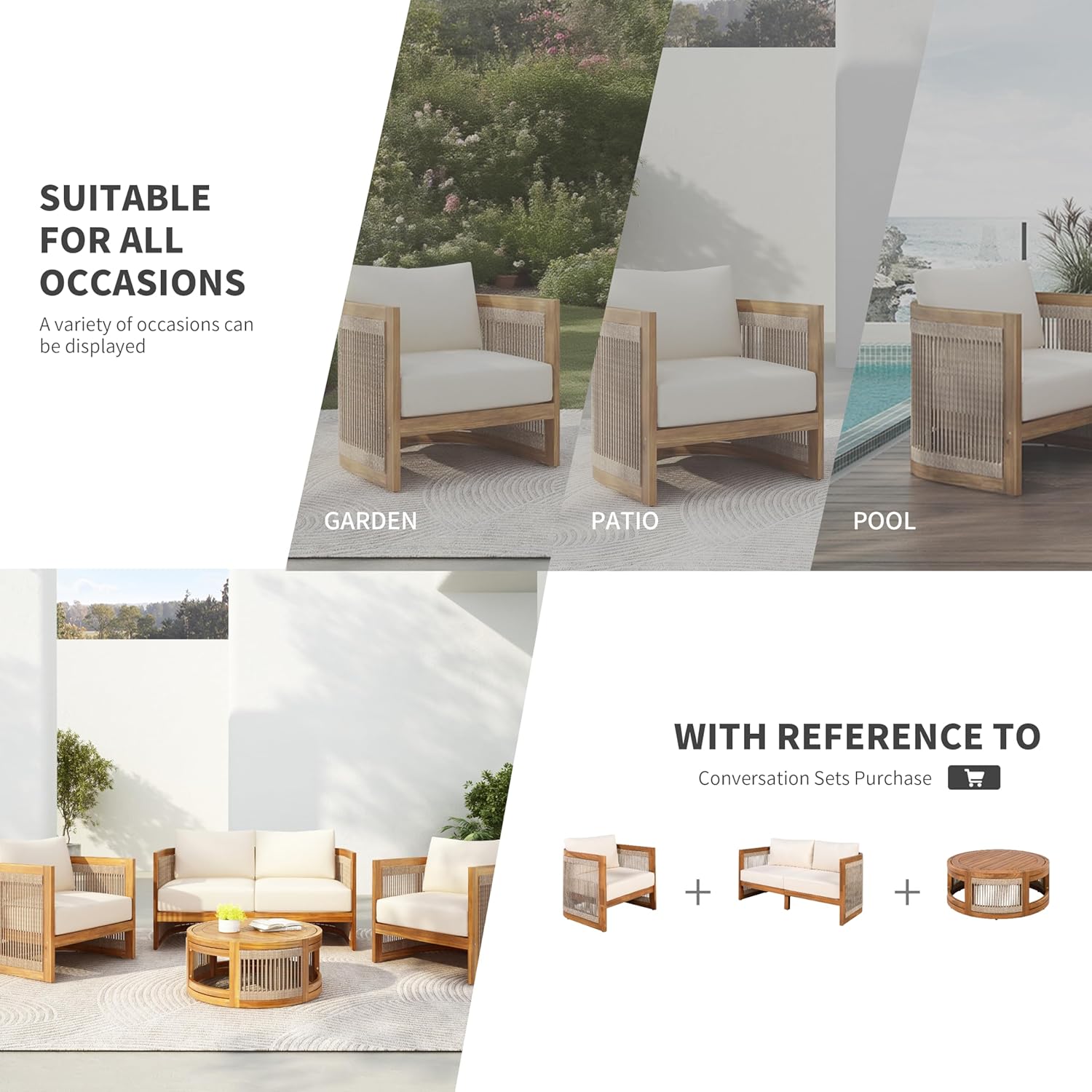 Christopher Knight Home Dora Set of 2 Patio Club Chair with Cushions, Acacia Wood Lounge Chair Outdoor, Woven Accents, Curved Design Side Chair for Balcony Backyard Garden Poolside, Beige + Teak