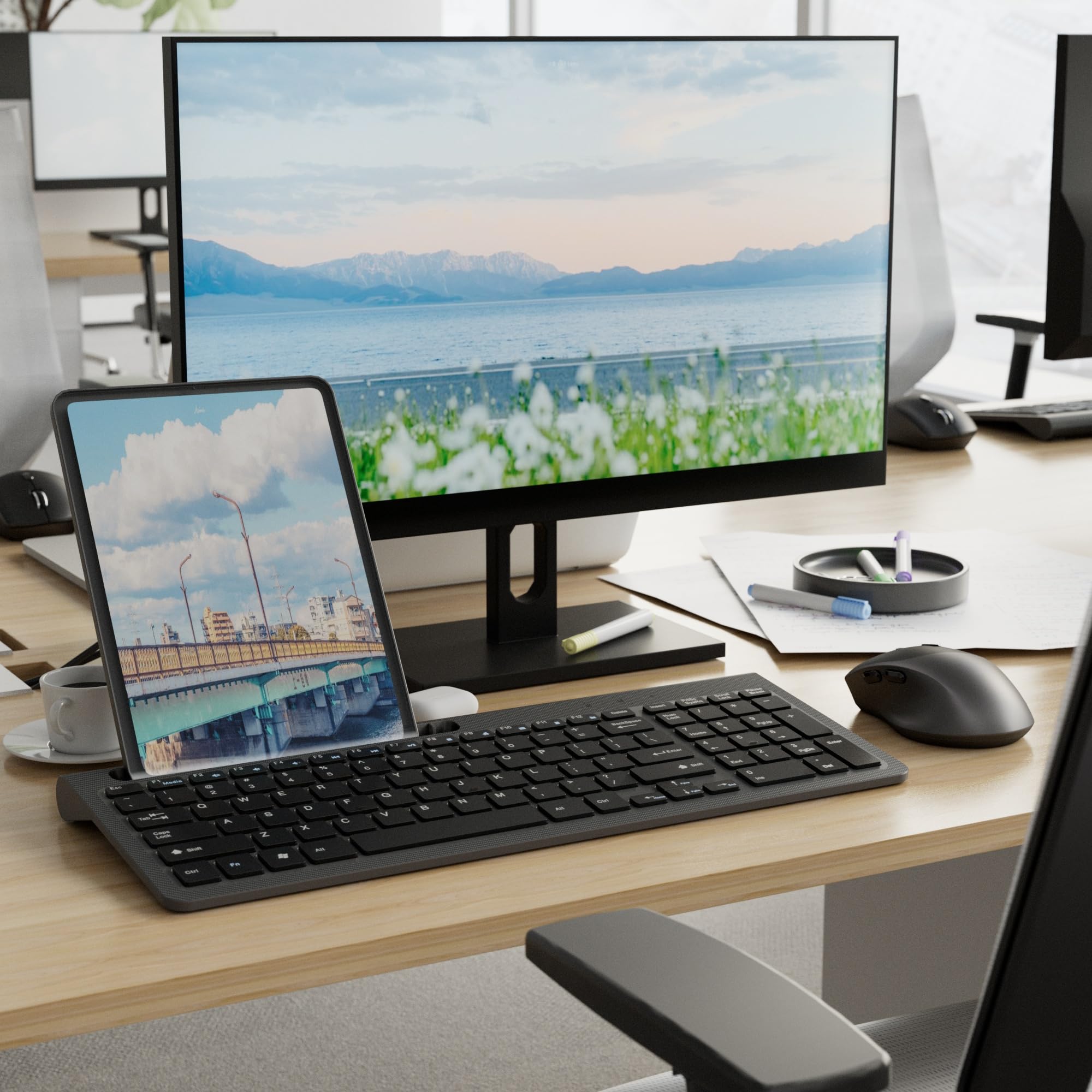 Teclado y mouse inalámbricos, mouse ergonómico con soporte para teléfono, teclado inalámbrico de 2.4 GHz para Mac, Windows, PC, portátil (negro)