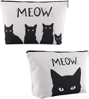 2 Pack Black Cat Pencil Cases with Zipper, Canvas Makeup Bag for Women | Linen Outer, Cotton Lining, Smooth Zipper, 9.8 x 6.7 In, Cosmetic Pouches for Travel Essentials, Gift for Cat Lovers