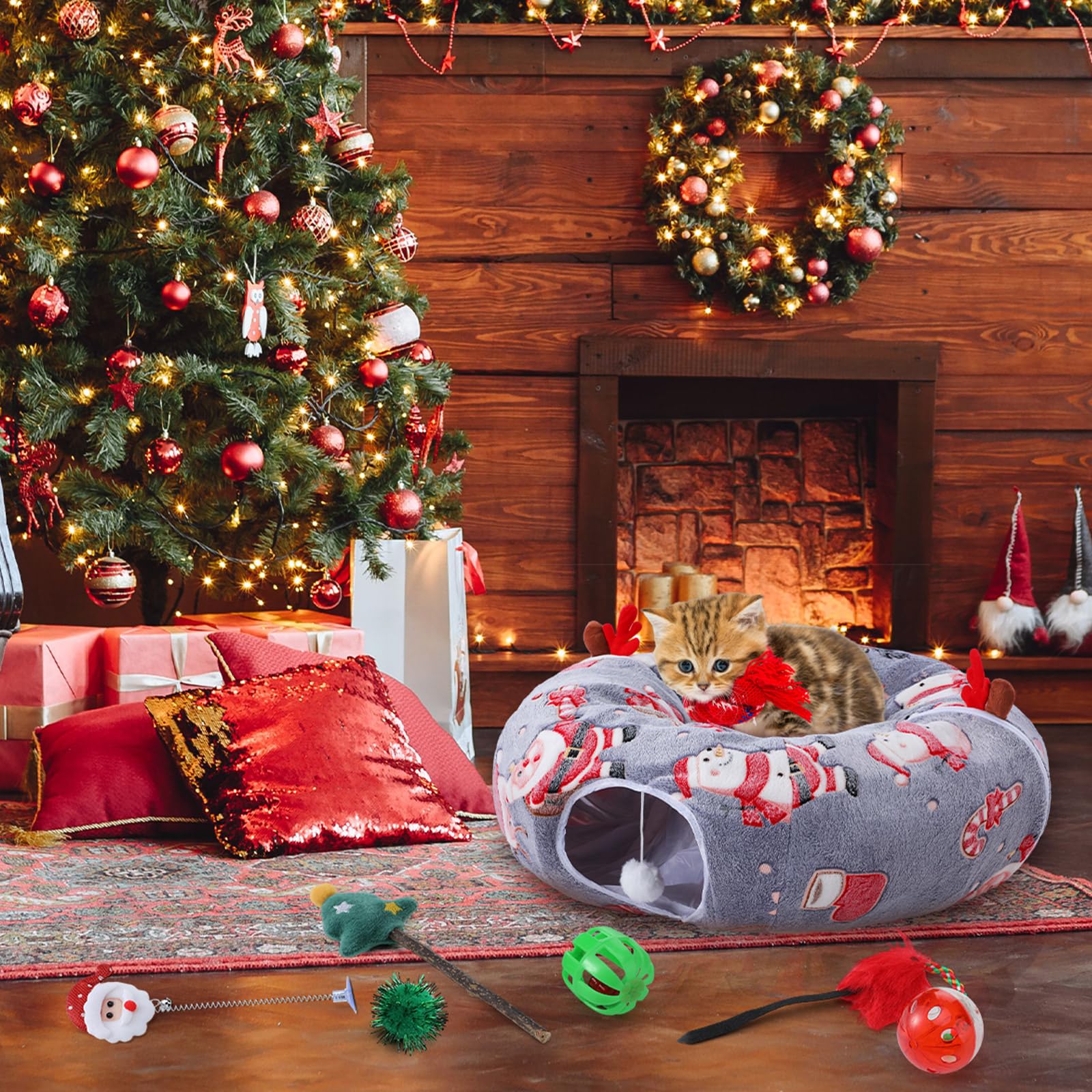 Cama tipo túnel de Navidad para gatos con 7 juguetes para gatos, cama tipo túnel de felpa cálida y esponjosa con cojín lavable y bolas colgantes, 3 pies, multifuncional para gatos pequeños, medianos y