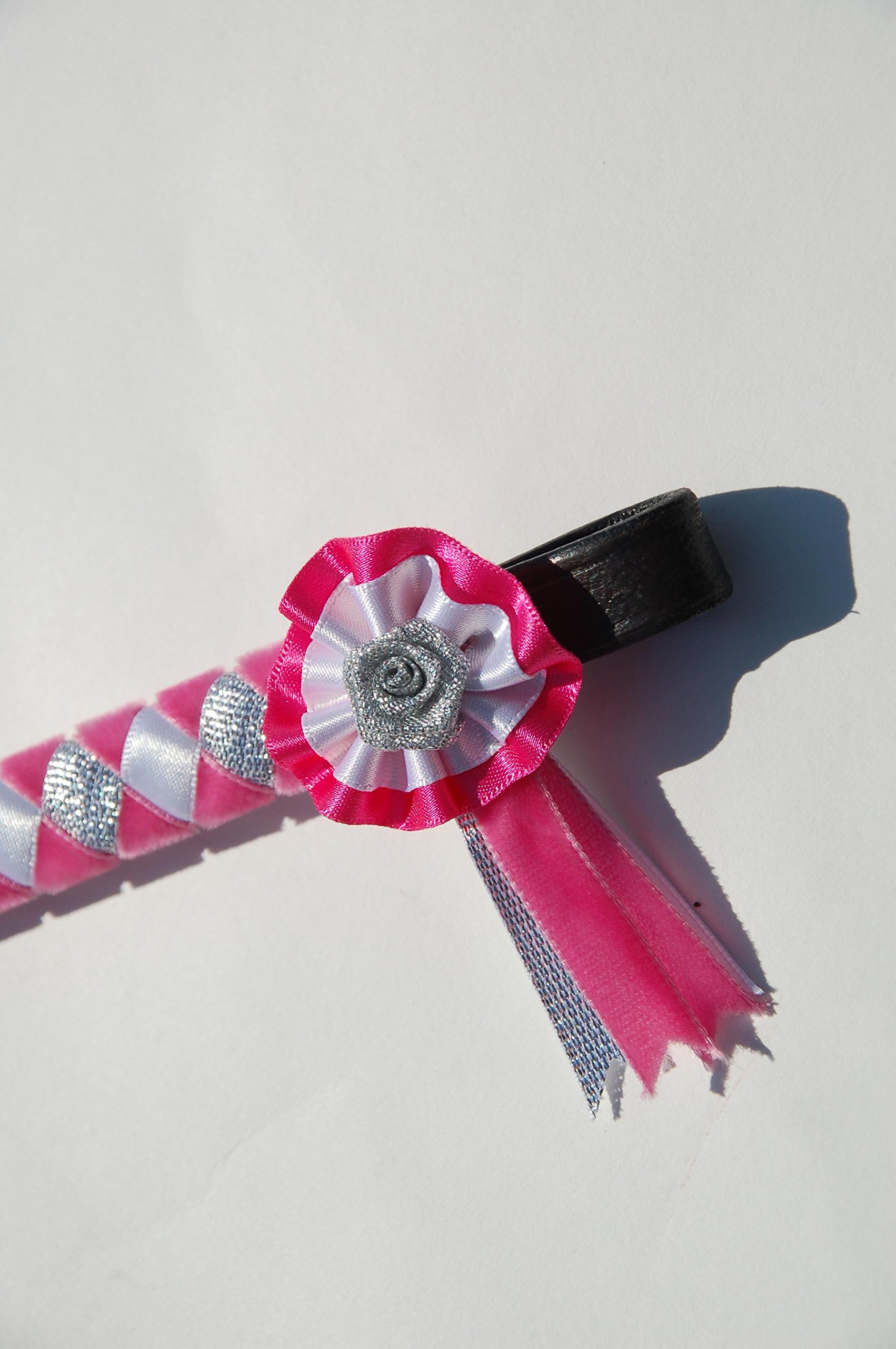 IV Horse Velvet and Satin Browbands with Mini Rosettes sizes small pony to extra full (Pink White and Silver, Cob)