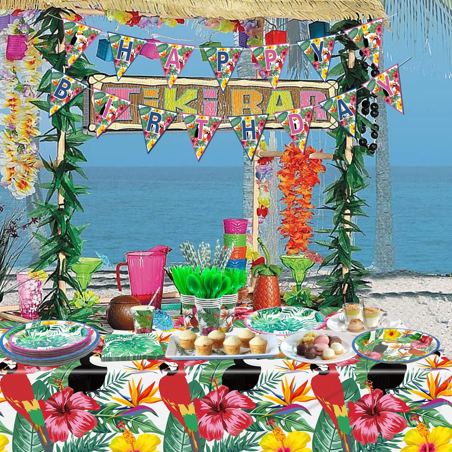 Hawaiian Luau Party Supplies - Tropical Birthday Banner, Toucan Paper Plates, Napkins, Cups, Tablecloth, Knives, Fork, Spoon and Straws for Aloha Summer Party Decorations, Serves 20 Guests (01)