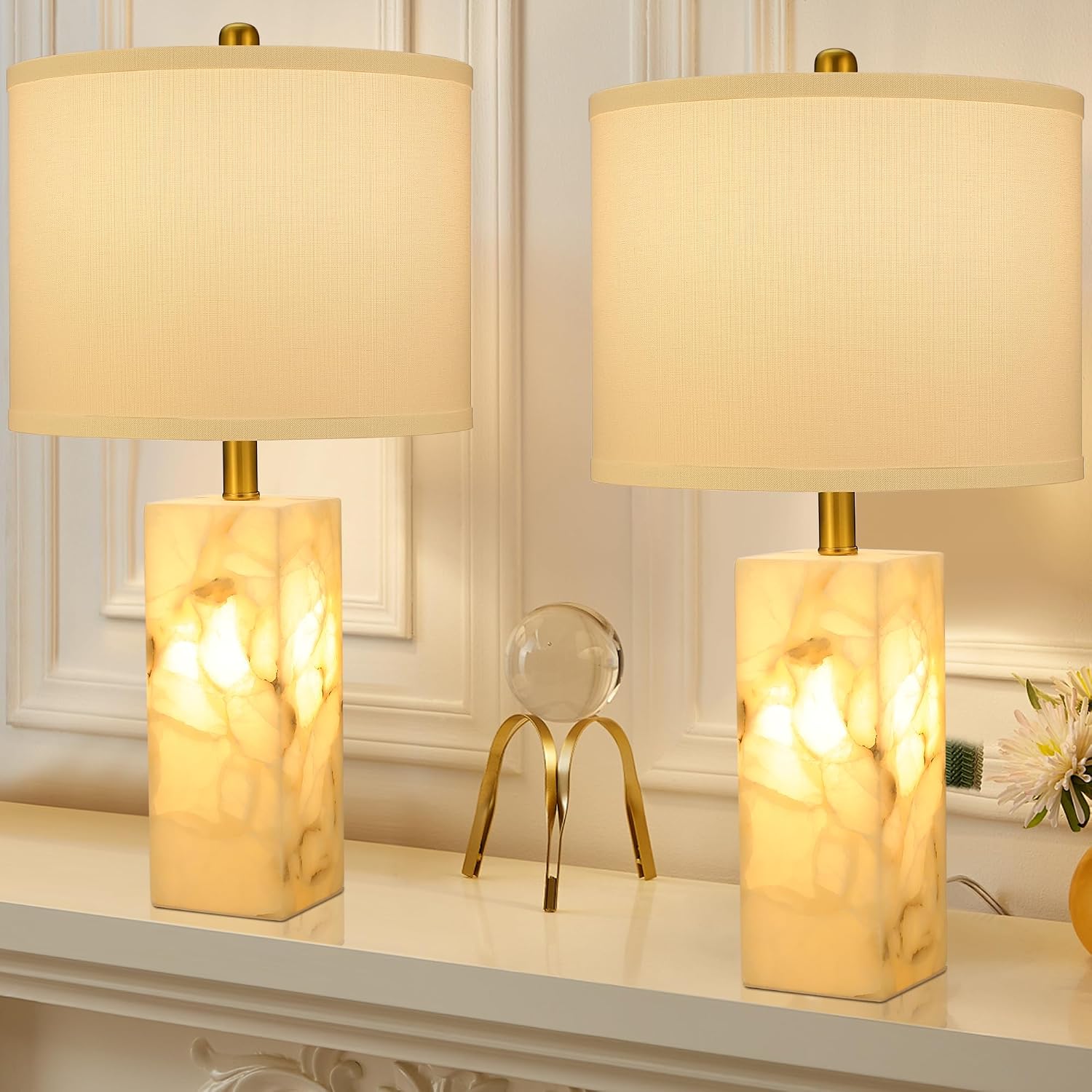 25" Alabaster Table Lamps Set of 2, Bedside Lamp with Night Light, White Drum Shade, for Bedroom Living Room Home Nightstand Table Lamp