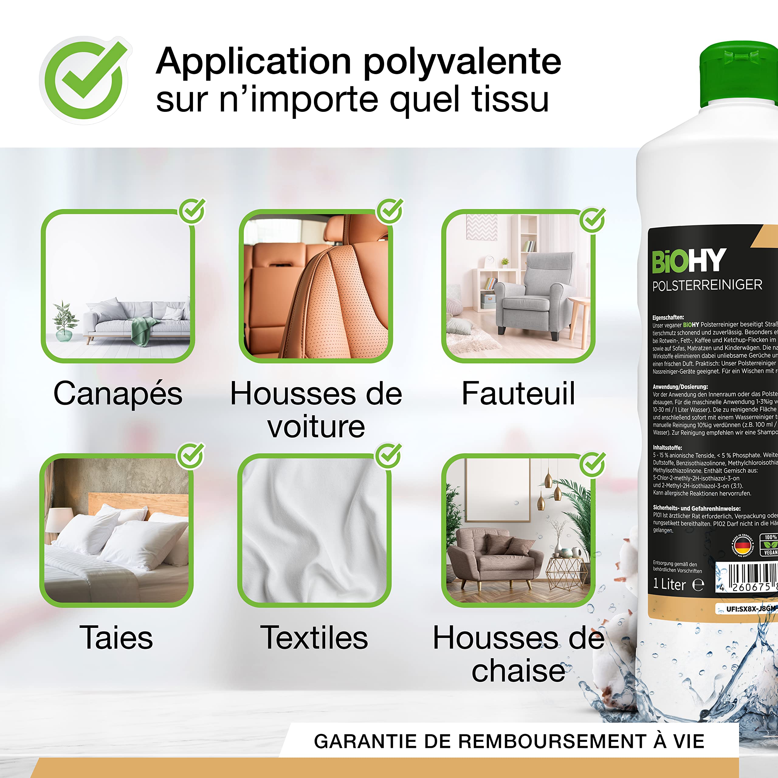 BiOHY Nettoyant spécial pour Meubles rembourrés (Bidon de 10l) | Idéal pour Les sièges d'auto, canapés, Matelas | pour des aspirateurs à eau | détachant (Polsterreiniger)