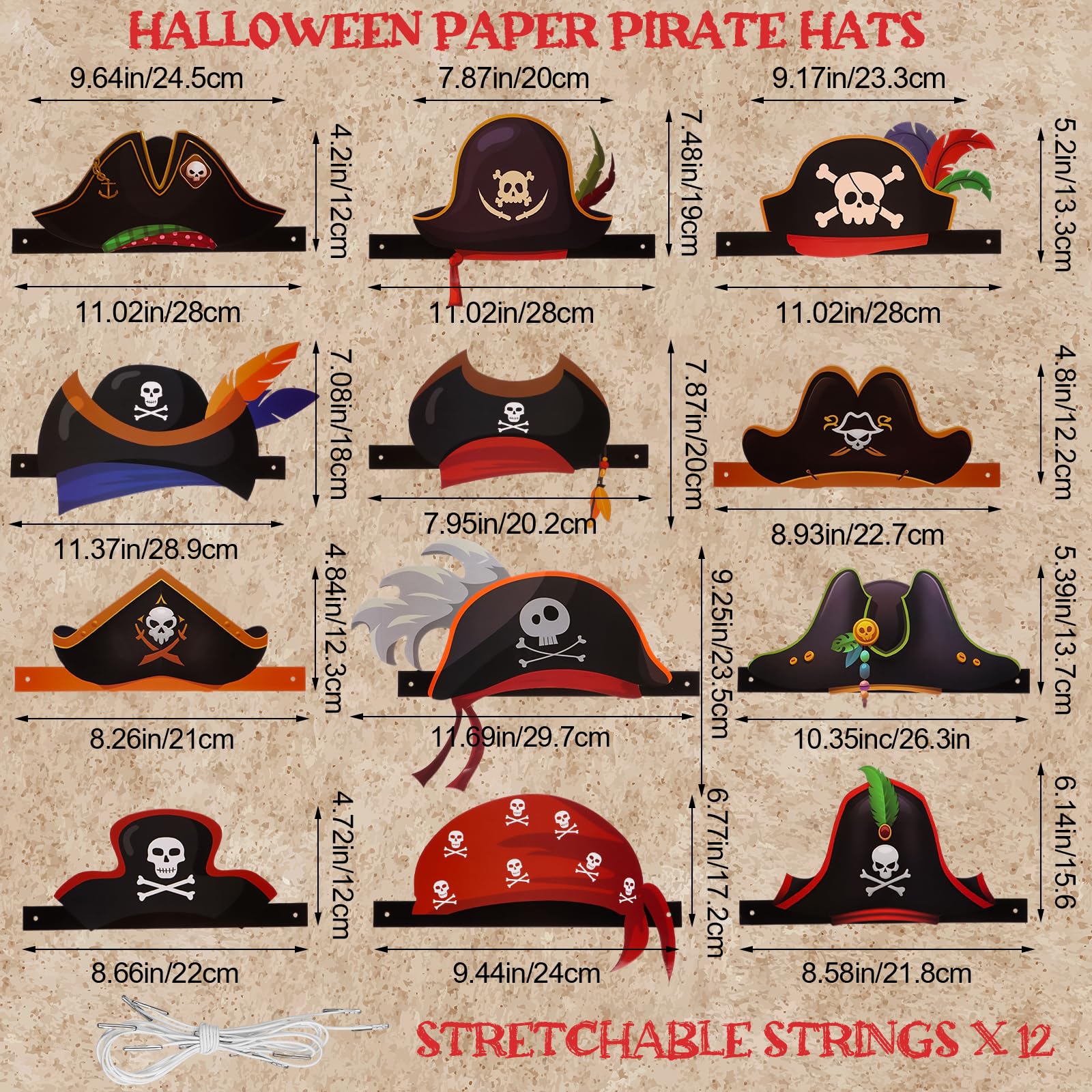 CCCYMM 12 Pcs Paper Pirate Hats Bulk Skull Pirate Party Accessories Captain Costume Cap for Halloween Decoration Cosplay Masquerade Headwear Dress up - Image 3