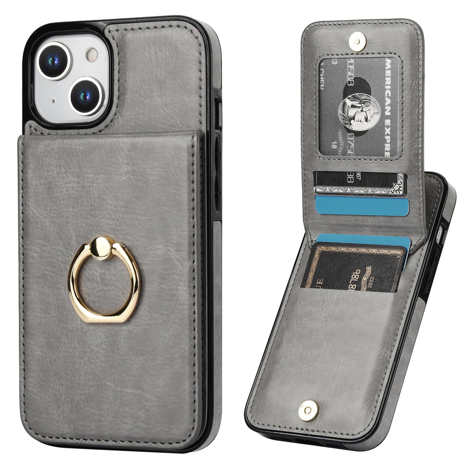 KIHUWEY for iPhone 13/14 Case Wallet with Credit Card Holder, 360° Rotation Ring PU Leather Magnetic Clasp Kickstand Heavy Duty Protective Cover for