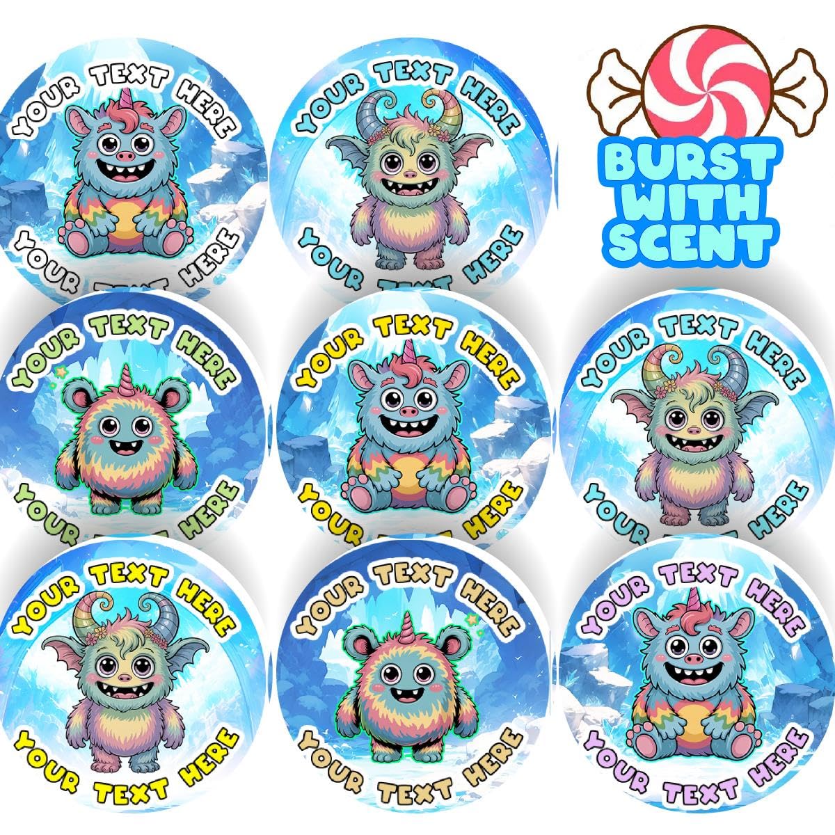120 Minty Monsters Scented Personalised Stickers - 30mm Scented Stickers - for Teachers Nursery Parents