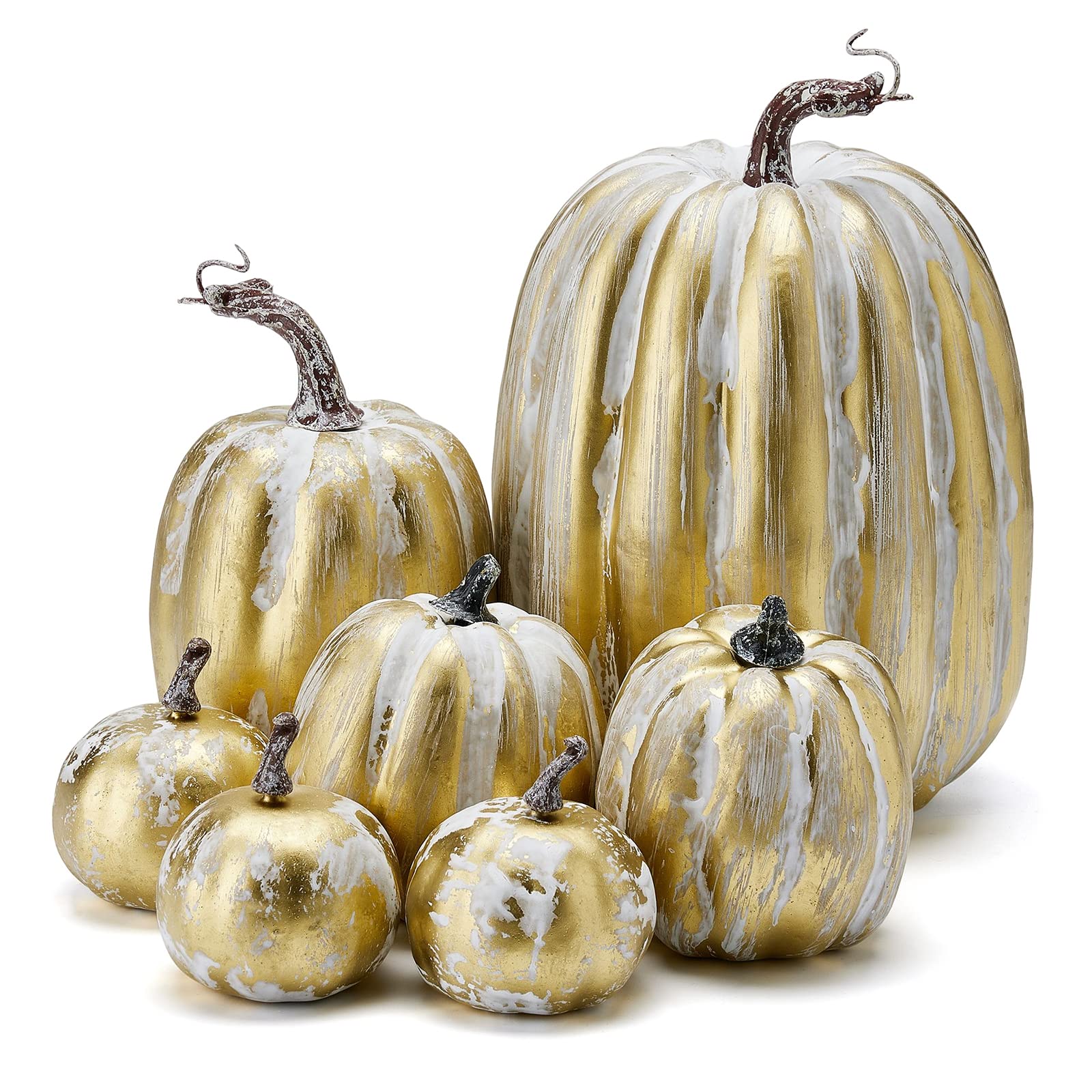 7Pcs Assorted Artificial Pumpkins Harvest Decorative Pumpkins Foam Pumpkins for Farmhouse Rustic Fall Thanksgiving Halloween Tabletop Shelf Kitchen Decoration (A-Gold White, One Size)