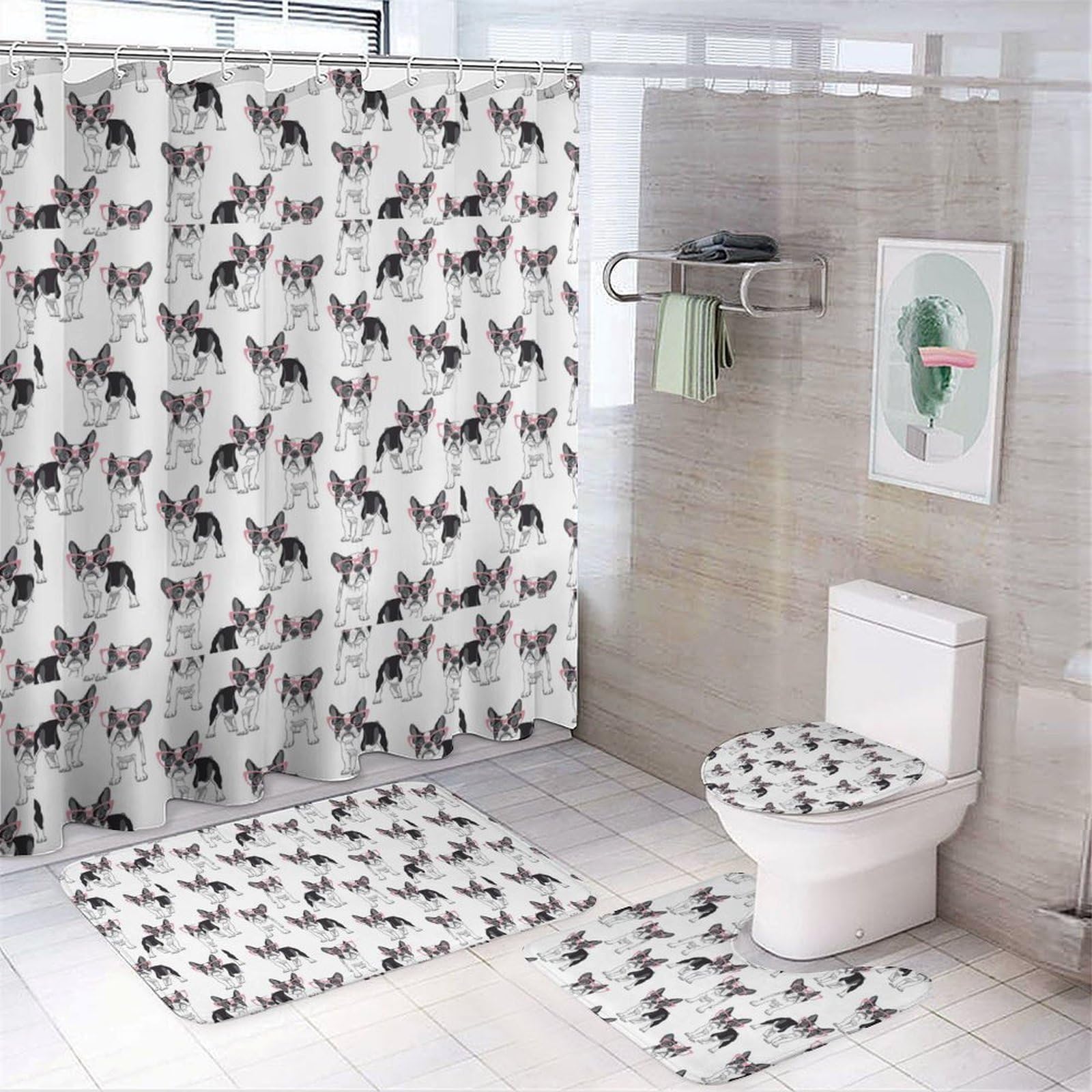 JZemdybill Bathroom Mat Set 4 Piece, French Bulldogs Shower Curtain with Non-Slip Bath Mats for Bathroom