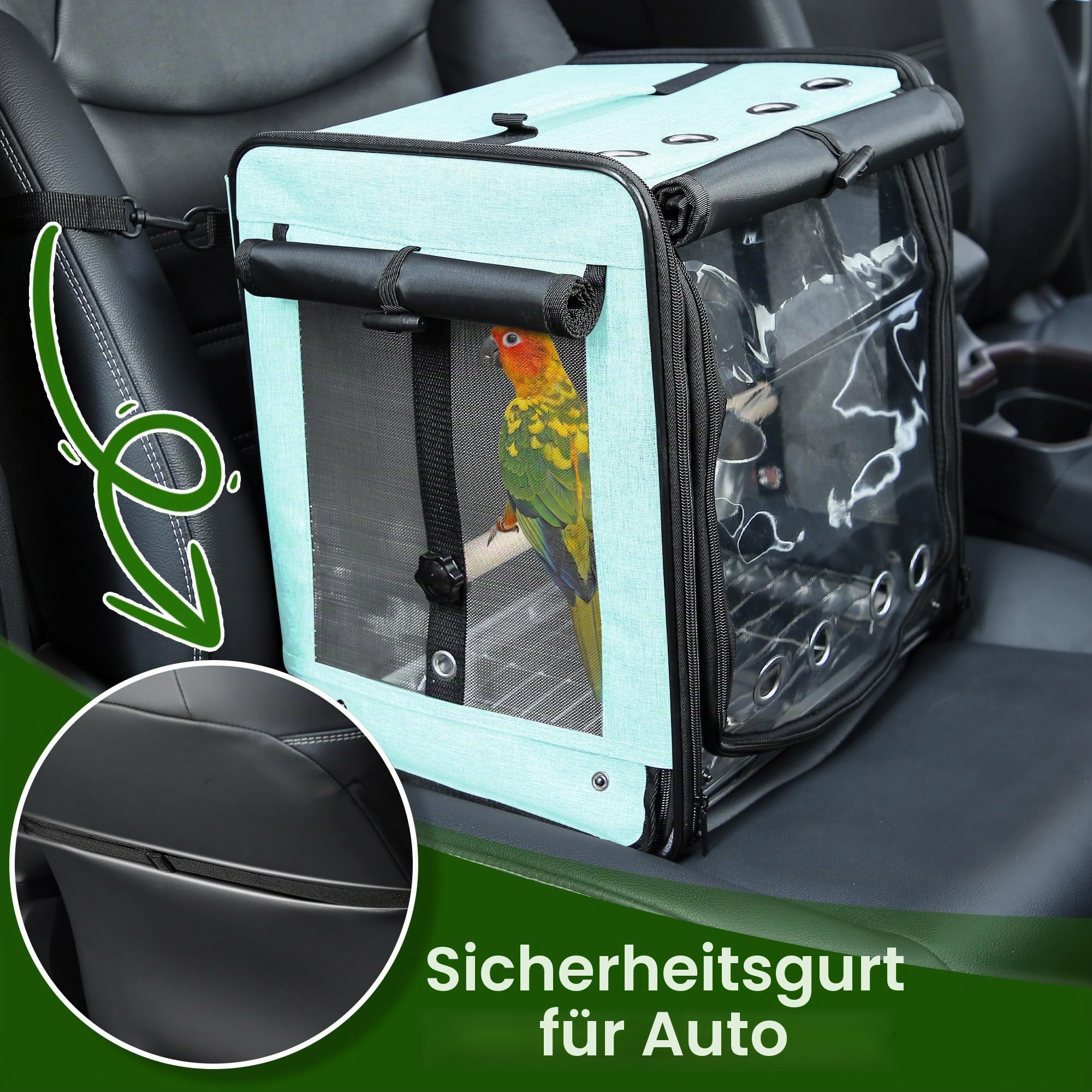 Vogeltrage mit Sicherheitsgurt für Autoreisen, Vogelrucksackträger mit unverwüstlichem Edelstahlgeflecht, großer Vogelträger Reisekäfig, Grün