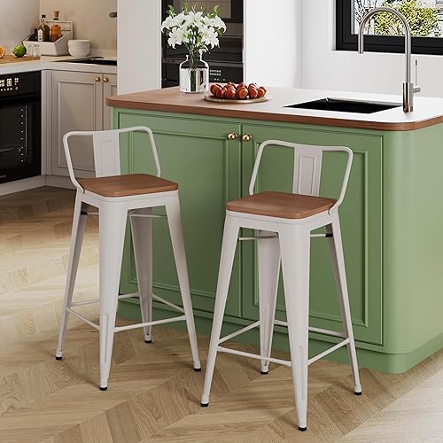 Miniatura 38 de Yongchuang - Juego de 4 taburetes de barra de metal (parte superior de madera, espalda baja) Negro -,Crema Blanco,Blanco