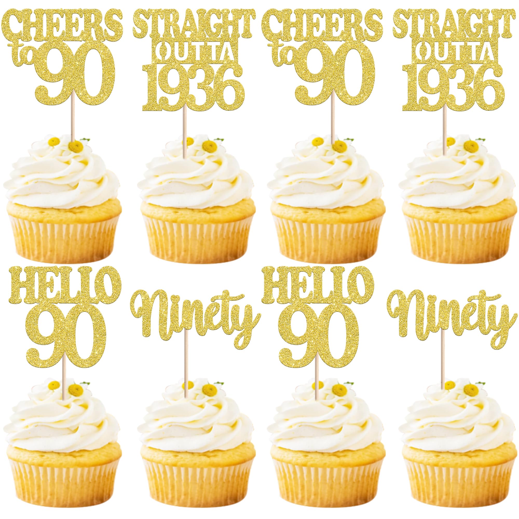 36 PCS Happy 90th Birthday Cupcake Toppers Gold Glitter Ninety Straight Outta 1936 Cupcake Picks Hello 90 Cheers to 90 Years Birthday Cake Decorations
